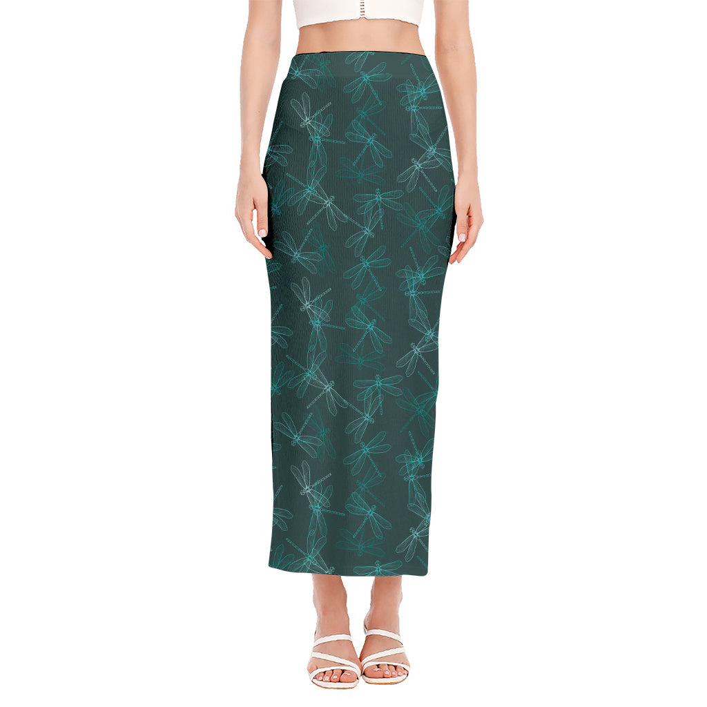 Turquoise Dragonfly Pattern Print Side Slit Maxi Skirt