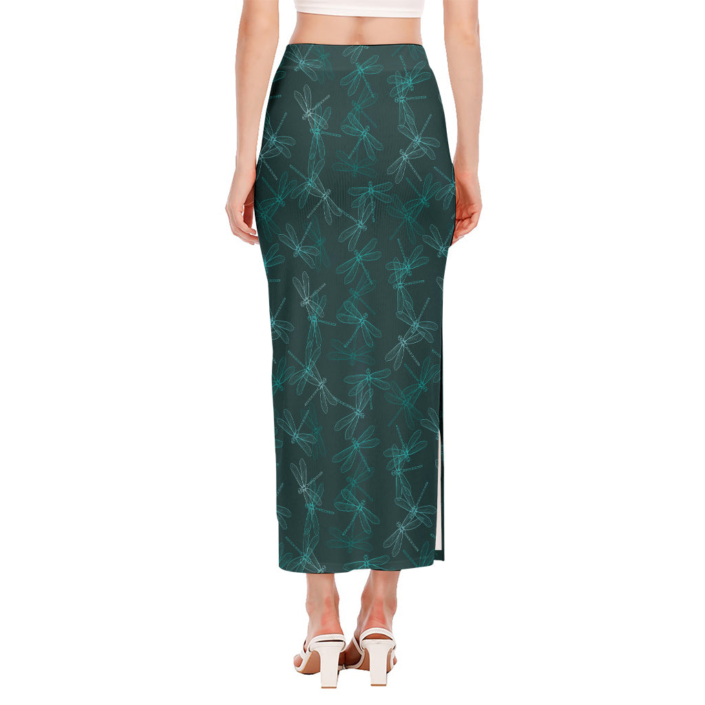 Turquoise Dragonfly Pattern Print Side Slit Maxi Skirt