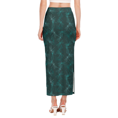 Turquoise Dragonfly Pattern Print Side Slit Maxi Skirt