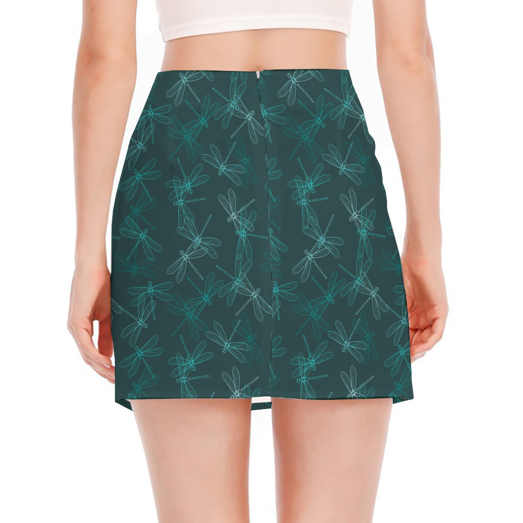 Turquoise Dragonfly Pattern Print Side Slit Mini Skirt