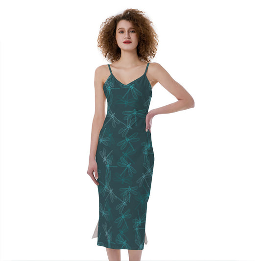 Turquoise Dragonfly Pattern Print Slim Fit Midi Cami Dress