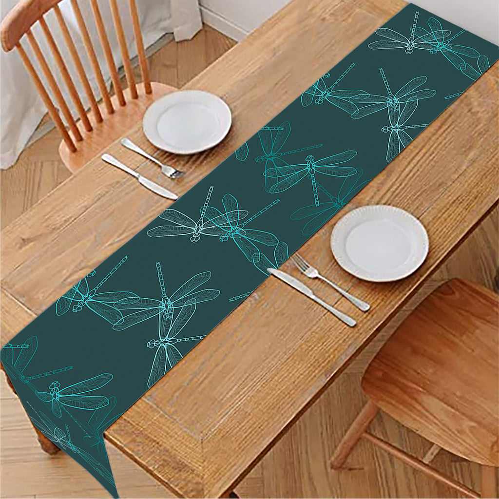 Turquoise Dragonfly Pattern Print Table Runner