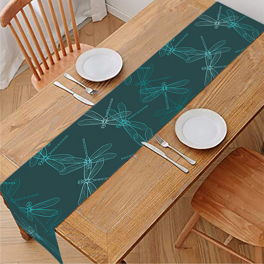Turquoise Dragonfly Pattern Print Table Runner