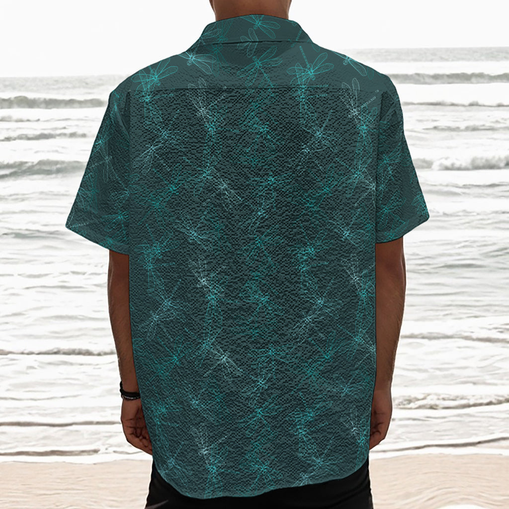 Turquoise Dragonfly Pattern Print Textured Short Sleeve Shirt