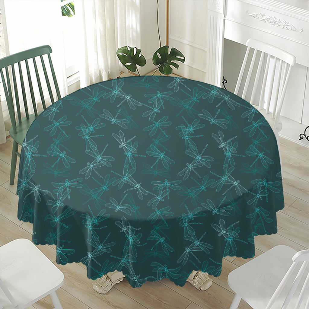 Turquoise Dragonfly Pattern Print Waterproof Round Tablecloth
