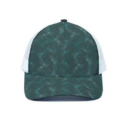 Turquoise Dragonfly Pattern Print White Mesh Trucker Cap