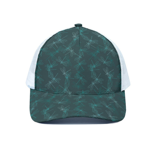Turquoise Dragonfly Pattern Print White Mesh Trucker Cap