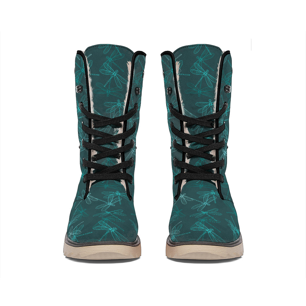 Turquoise Dragonfly Pattern Print Winter Boots
