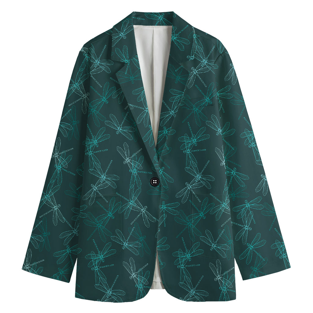 Turquoise Dragonfly Pattern Print Women's Blazer