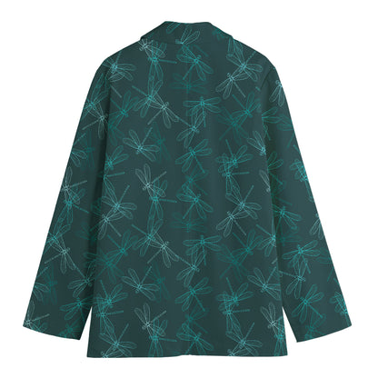 Turquoise Dragonfly Pattern Print Women's Blazer