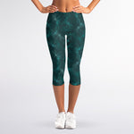 Turquoise Dragonfly Pattern Print Women's Capri Leggings