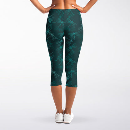 Turquoise Dragonfly Pattern Print Women's Capri Leggings