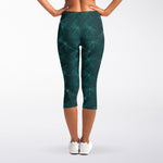 Turquoise Dragonfly Pattern Print Women's Capri Leggings