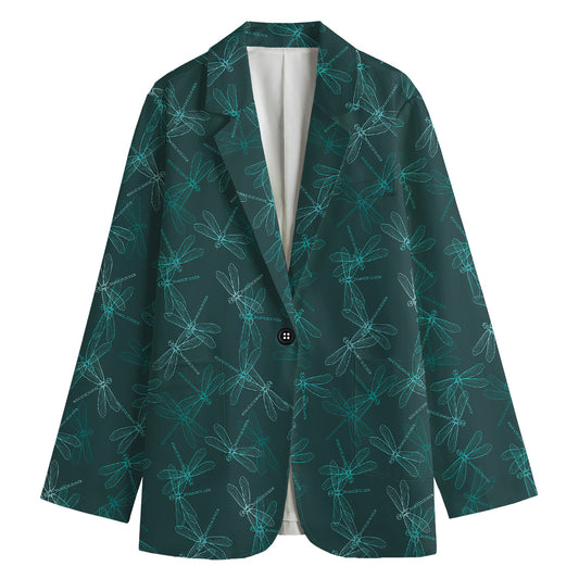 Turquoise Dragonfly Pattern Print Women's Cotton Blazer