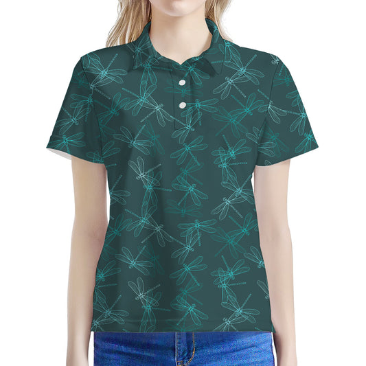 Turquoise Dragonfly Pattern Print Women's Polo Shirt