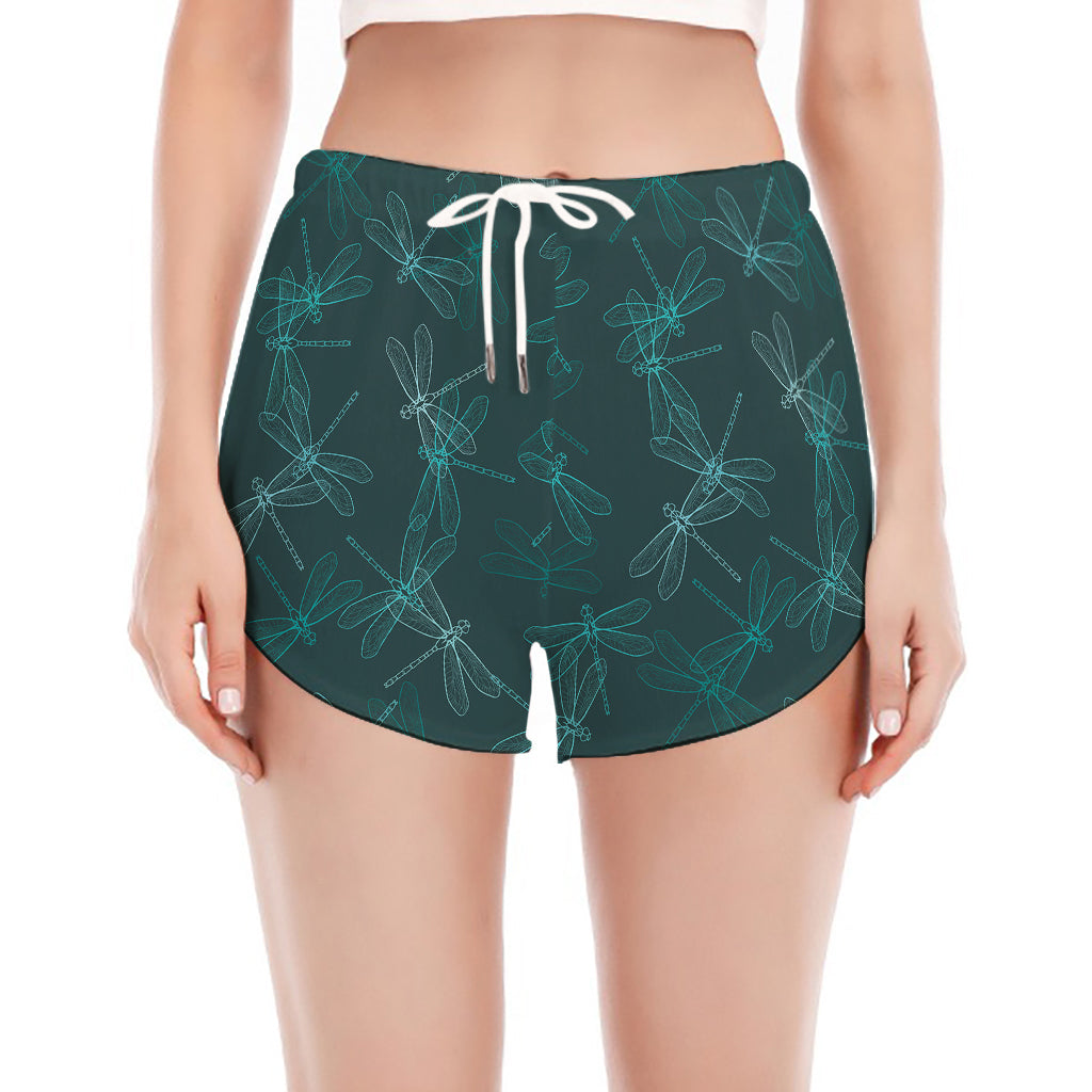 Turquoise Dragonfly Pattern Print Women's Split Running Shorts