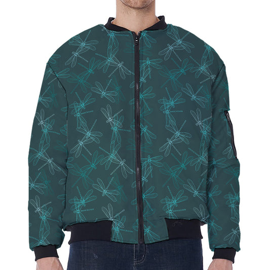 Turquoise Dragonfly Pattern Print Zip Sleeve Bomber Jacket