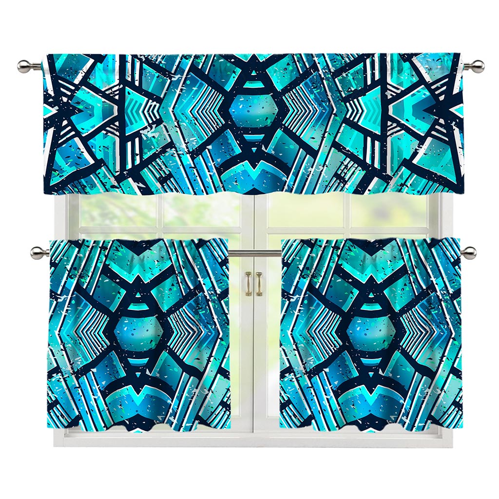 Turquoise Ethnic Aztec Trippy Print 3 Piece Kitchen Curtains