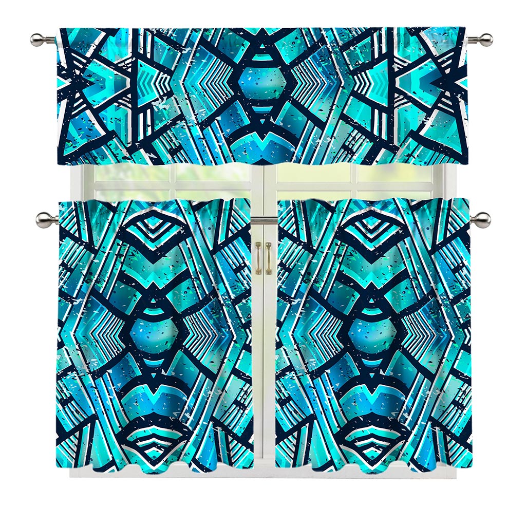 Turquoise Ethnic Aztec Trippy Print 3 Piece Kitchen Curtains