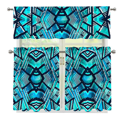 Turquoise Ethnic Aztec Trippy Print 3 Piece Kitchen Curtains