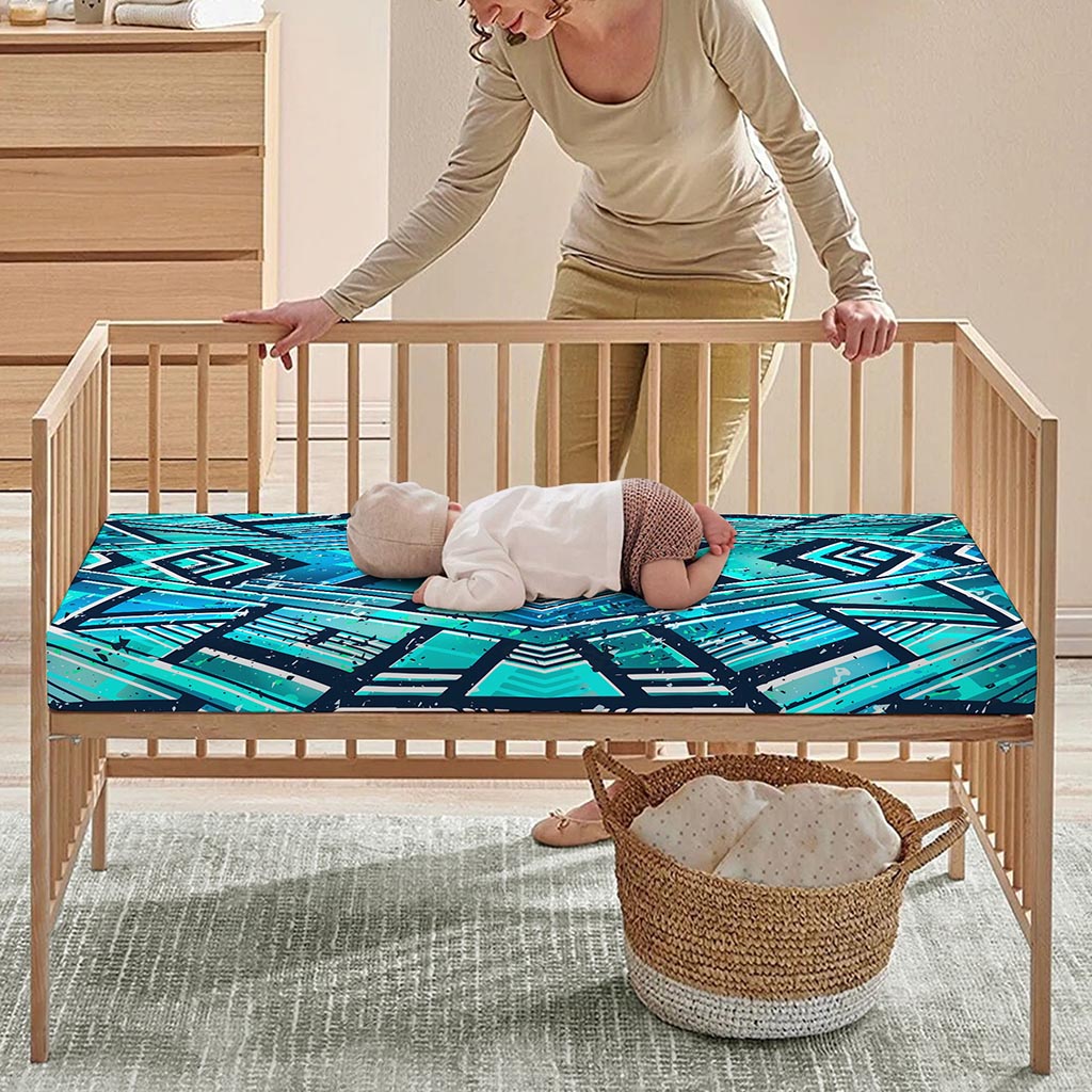 Turquoise Ethnic Aztec Trippy Print Baby Crib Sheet
