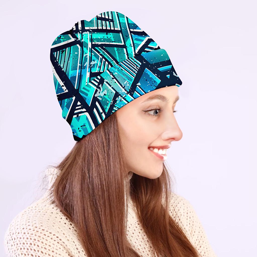Turquoise Ethnic Aztec Trippy Print Beanie