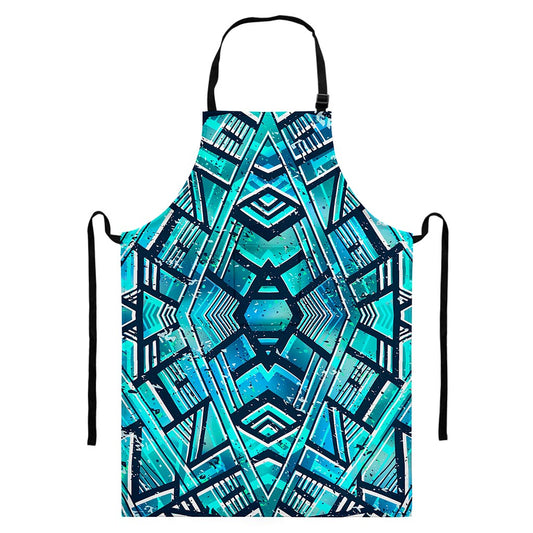 Turquoise Ethnic Aztec Trippy Print Bib Apron With Pocket