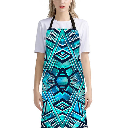 Turquoise Ethnic Aztec Trippy Print Bib Apron With Pocket