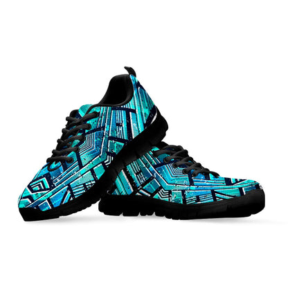 Turquoise Ethnic Aztec Trippy Print Black Running Shoes
