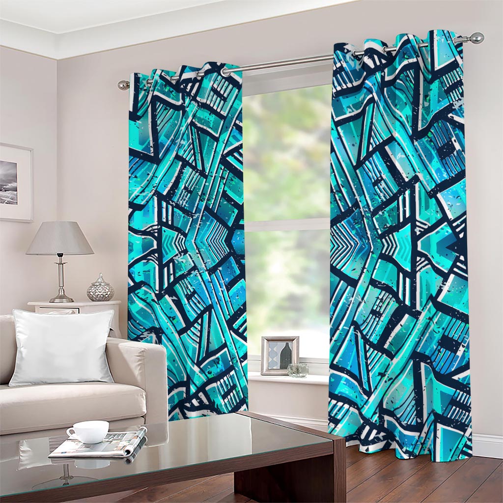 Turquoise Ethnic Aztec Trippy Print Blackout Grommet Curtains