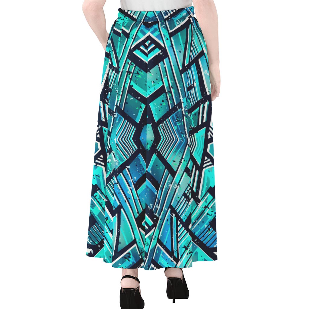 Turquoise Ethnic Aztec Trippy Print Chiffon Maxi Skirt