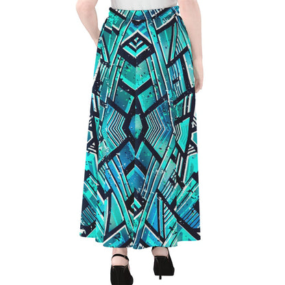 Turquoise Ethnic Aztec Trippy Print Chiffon Maxi Skirt