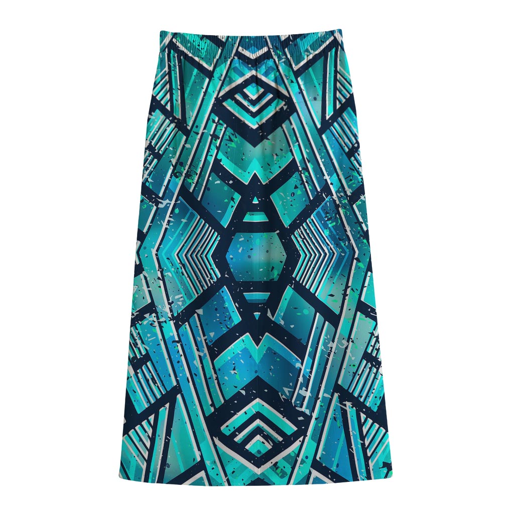 Turquoise Ethnic Aztec Trippy Print Cotton Front Slit Maxi Skirt