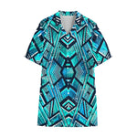 Turquoise Ethnic Aztec Trippy Print Cotton Hawaiian Shirt