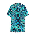 Turquoise Ethnic Aztec Trippy Print Cotton Hawaiian Shirt