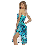 Turquoise Ethnic Aztec Trippy Print Cross Back Cami Dress
