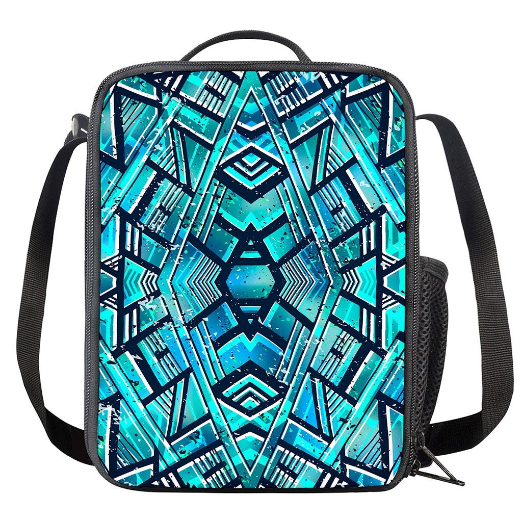 Turquoise Ethnic Aztec Trippy Print Crossbody Lunch Bag
