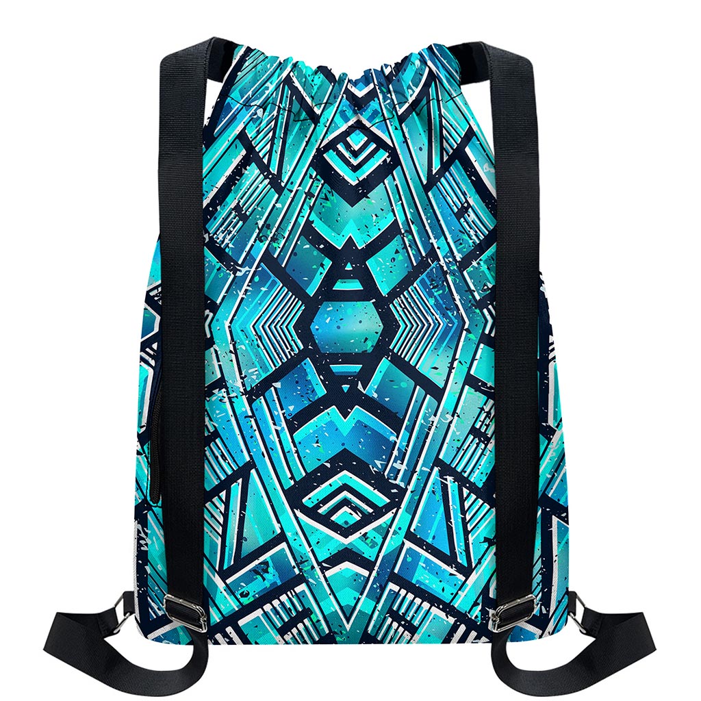 Turquoise Ethnic Aztec Trippy Print Drawstring Backpack