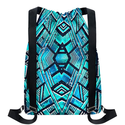 Turquoise Ethnic Aztec Trippy Print Drawstring Backpack