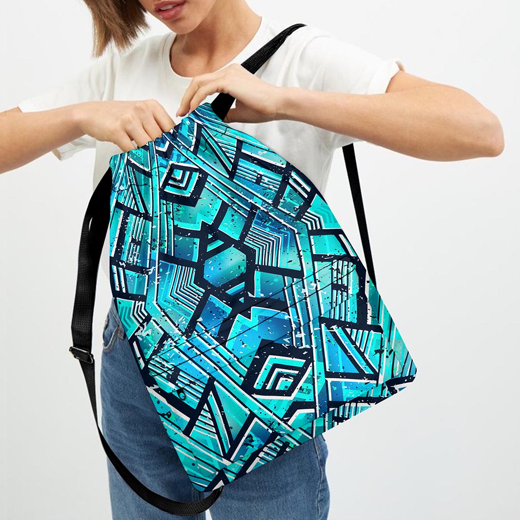 Turquoise Ethnic Aztec Trippy Print Drawstring Backpack