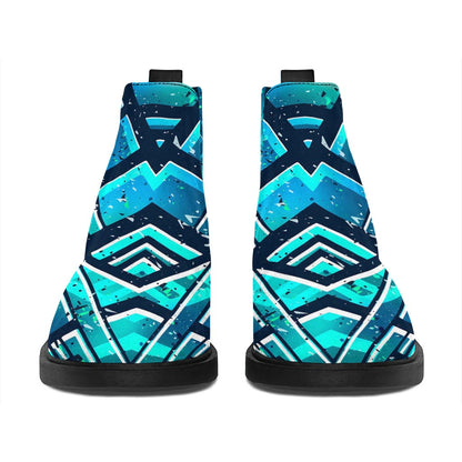 Turquoise Ethnic Aztec Trippy Print Flat Ankle Boots