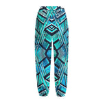 Turquoise Ethnic Aztec Trippy Print Fleece Lined Knit Pants