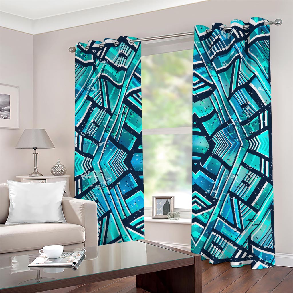 Turquoise Ethnic Aztec Trippy Print Grommet Curtains