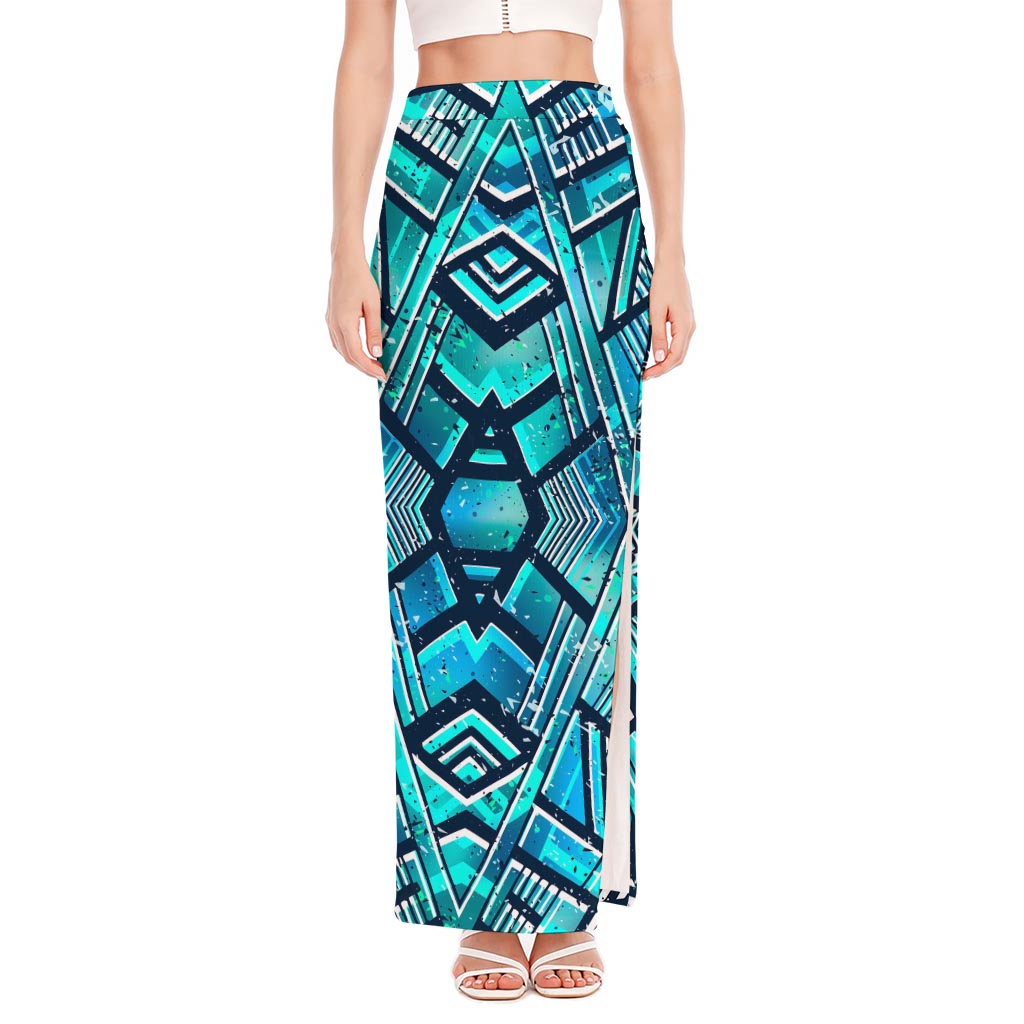 Turquoise Ethnic Aztec Trippy Print High Slit Maxi Skirt