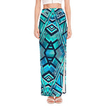 Turquoise Ethnic Aztec Trippy Print High Slit Maxi Skirt