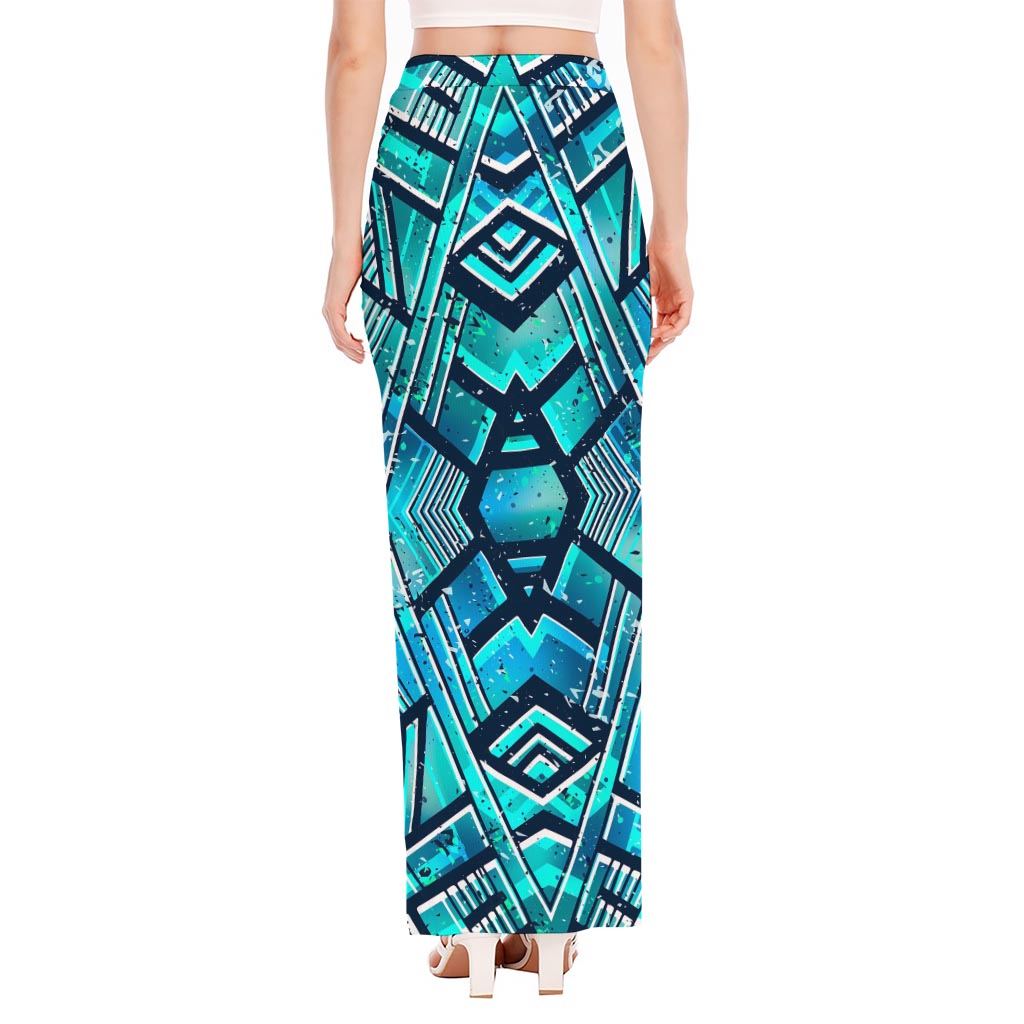 Turquoise Ethnic Aztec Trippy Print High Slit Maxi Skirt