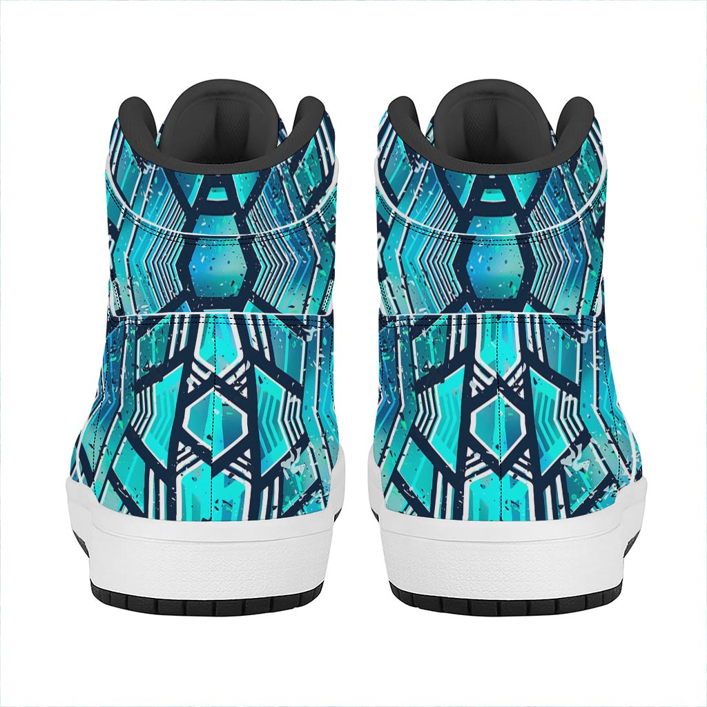 Turquoise Ethnic Aztec Trippy Print High Top Leather Sneakers
