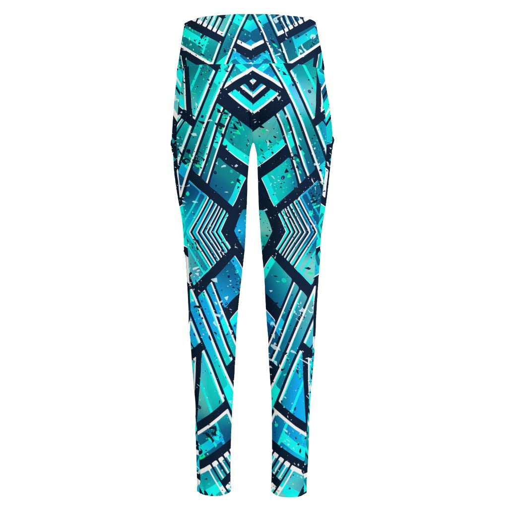 Turquoise Ethnic Aztec Trippy Print High-Waisted Pocket Leggings