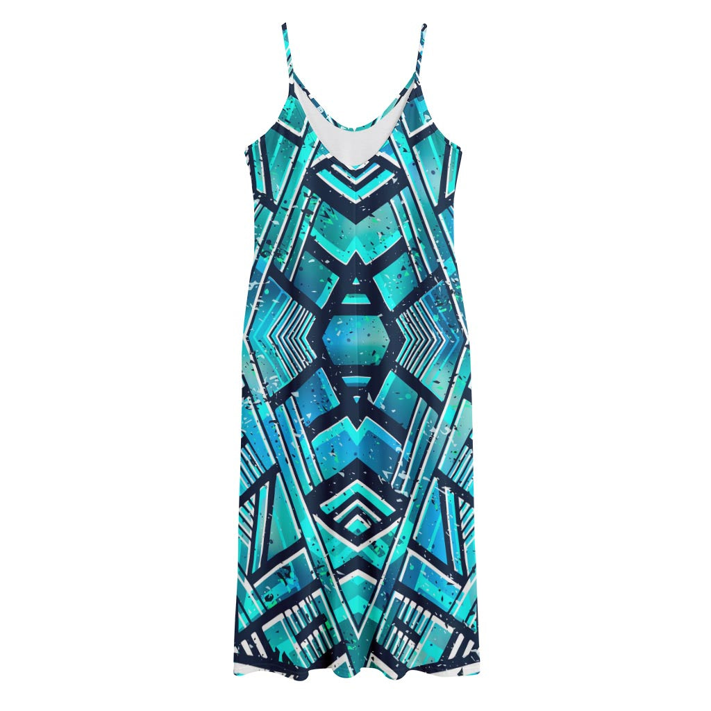 Turquoise Ethnic Aztec Trippy Print Jersey Midi Cami Dress