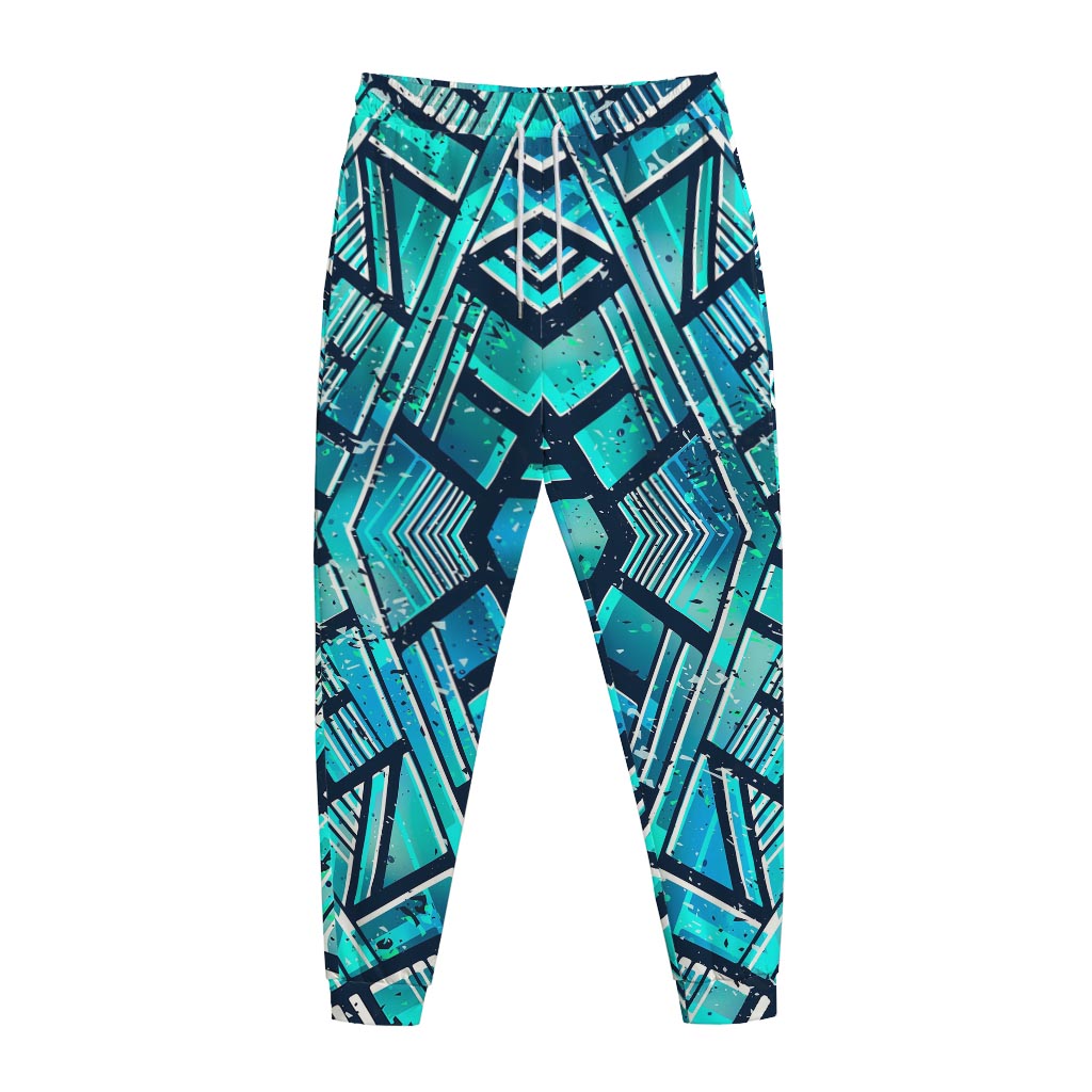 Turquoise Ethnic Aztec Trippy Print Jogger Pants